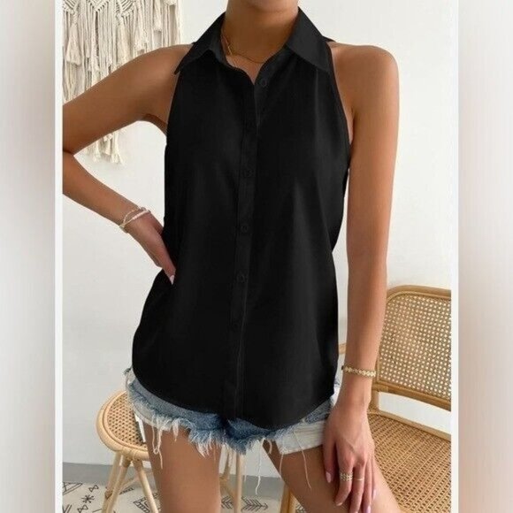 verdusa Tops - Verdusa Women's Casual Sleeveless Collar Button Down Black Shirt Blouse Sz Large